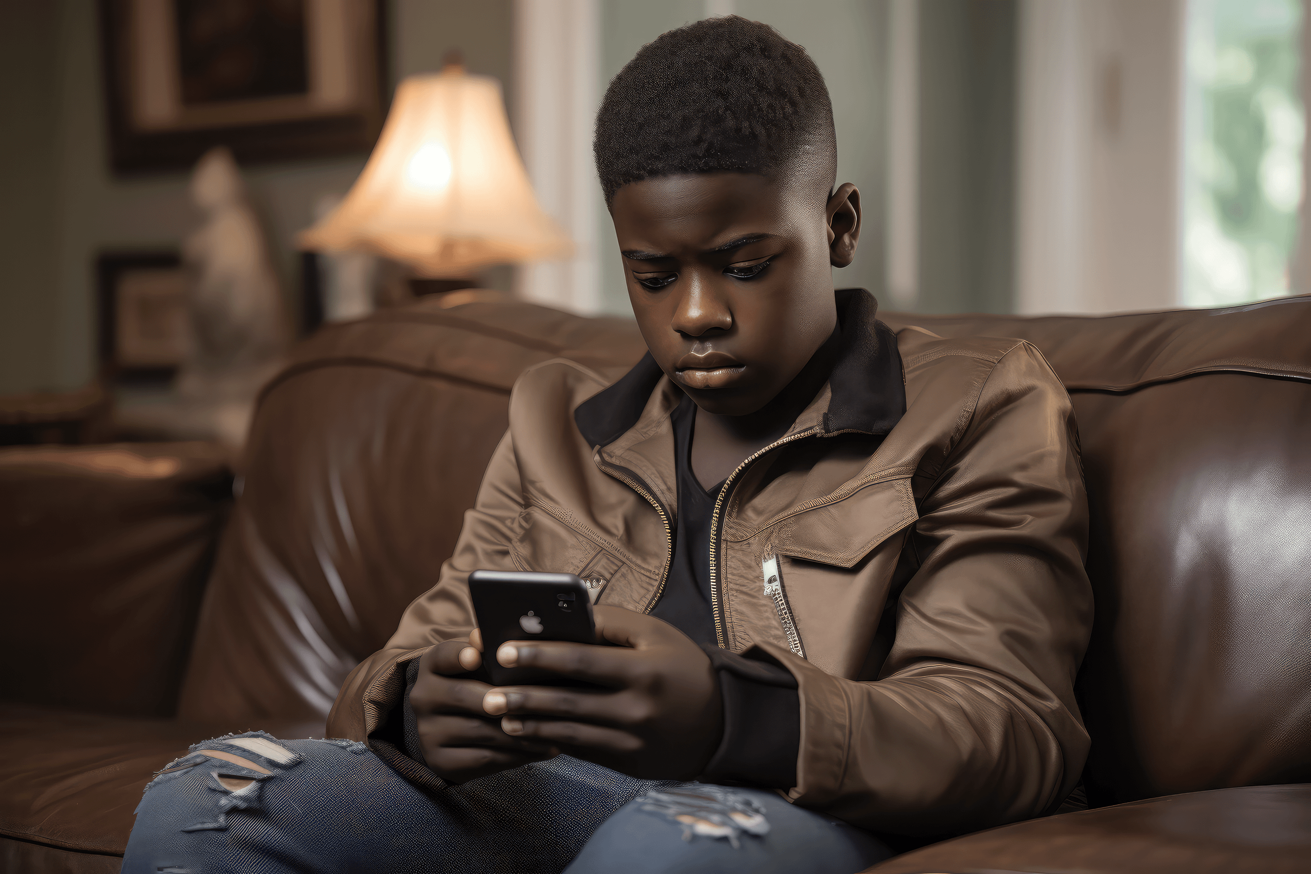 mom and teen son smiling boy on couch looking sadly at phone