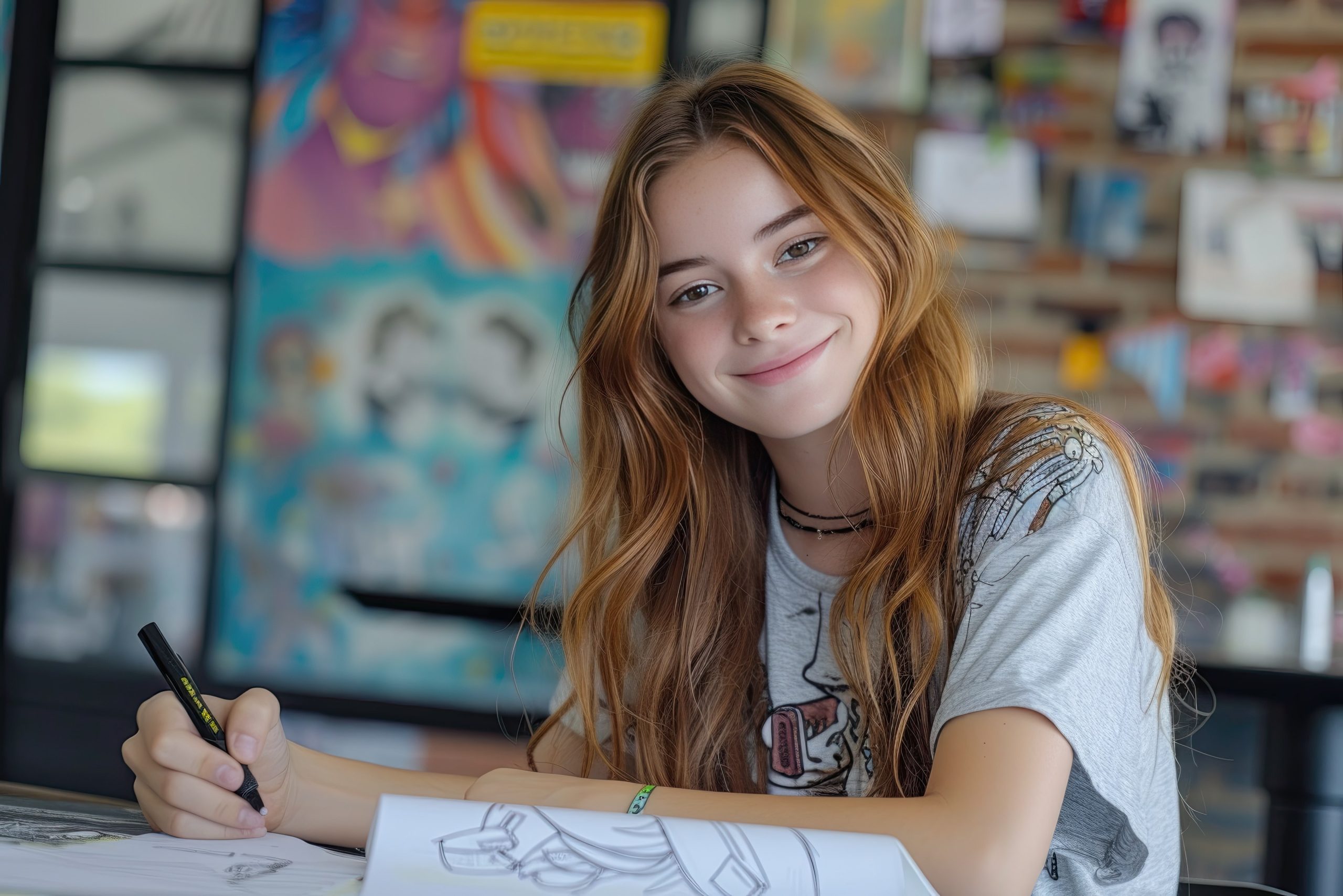 teen girl draws in art room