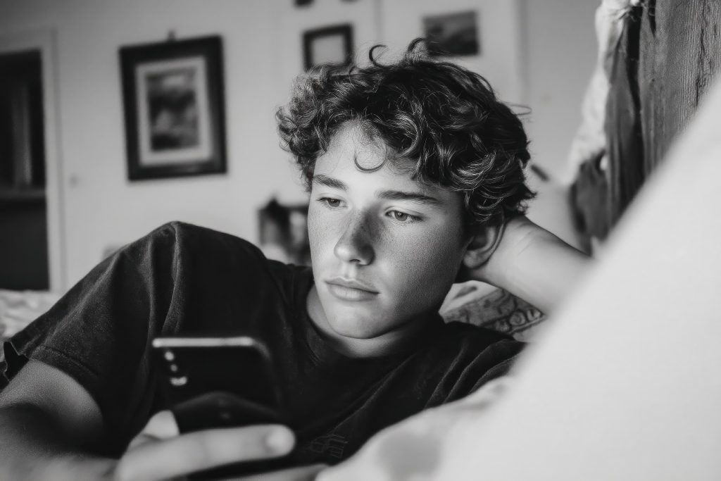 Black and white image of teen boy with phone
