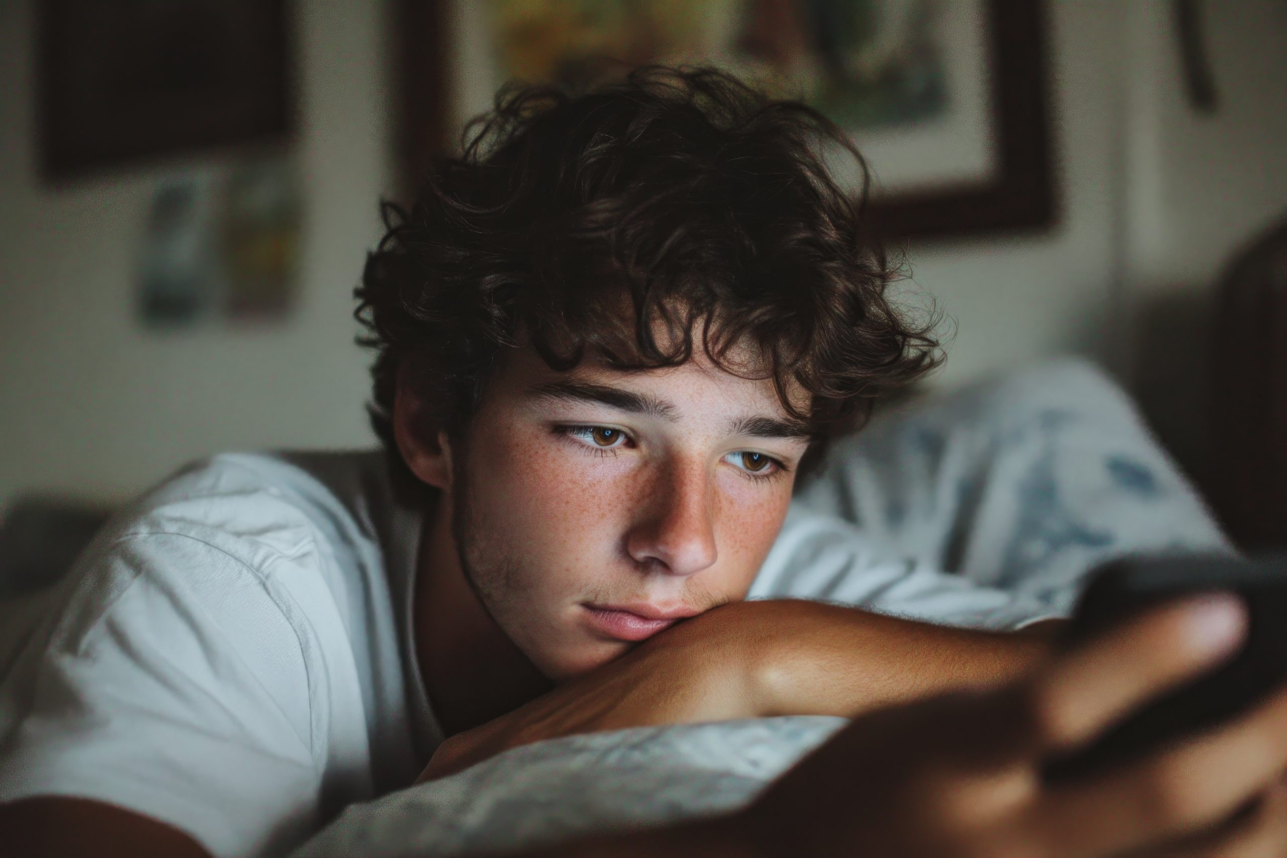 Teen boy pressing phone