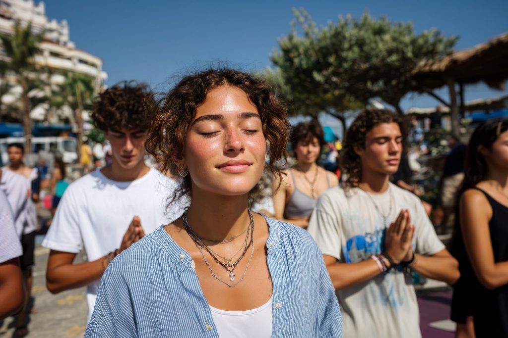 mom and teen son smiling Teenagers standing meditating