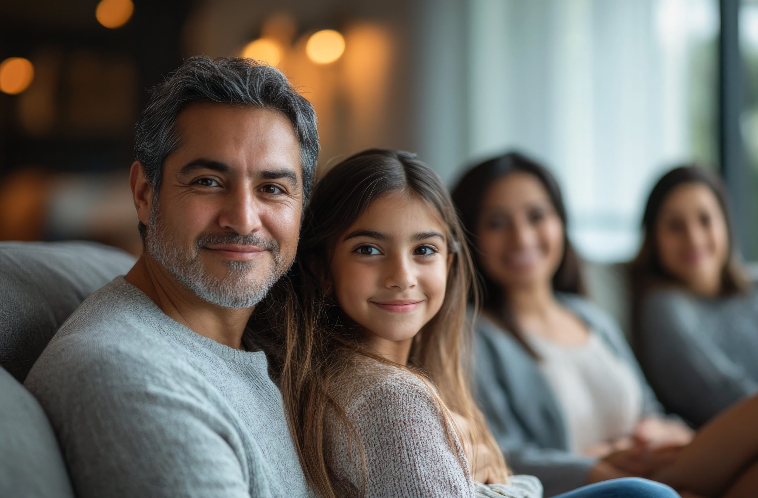 Pre-teen girl on Dad's lap with family in background