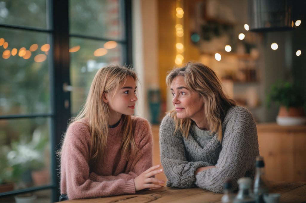 mom and teen son smiling