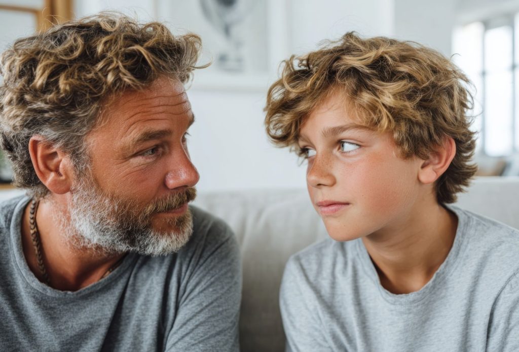 father and son looking intensely at each other