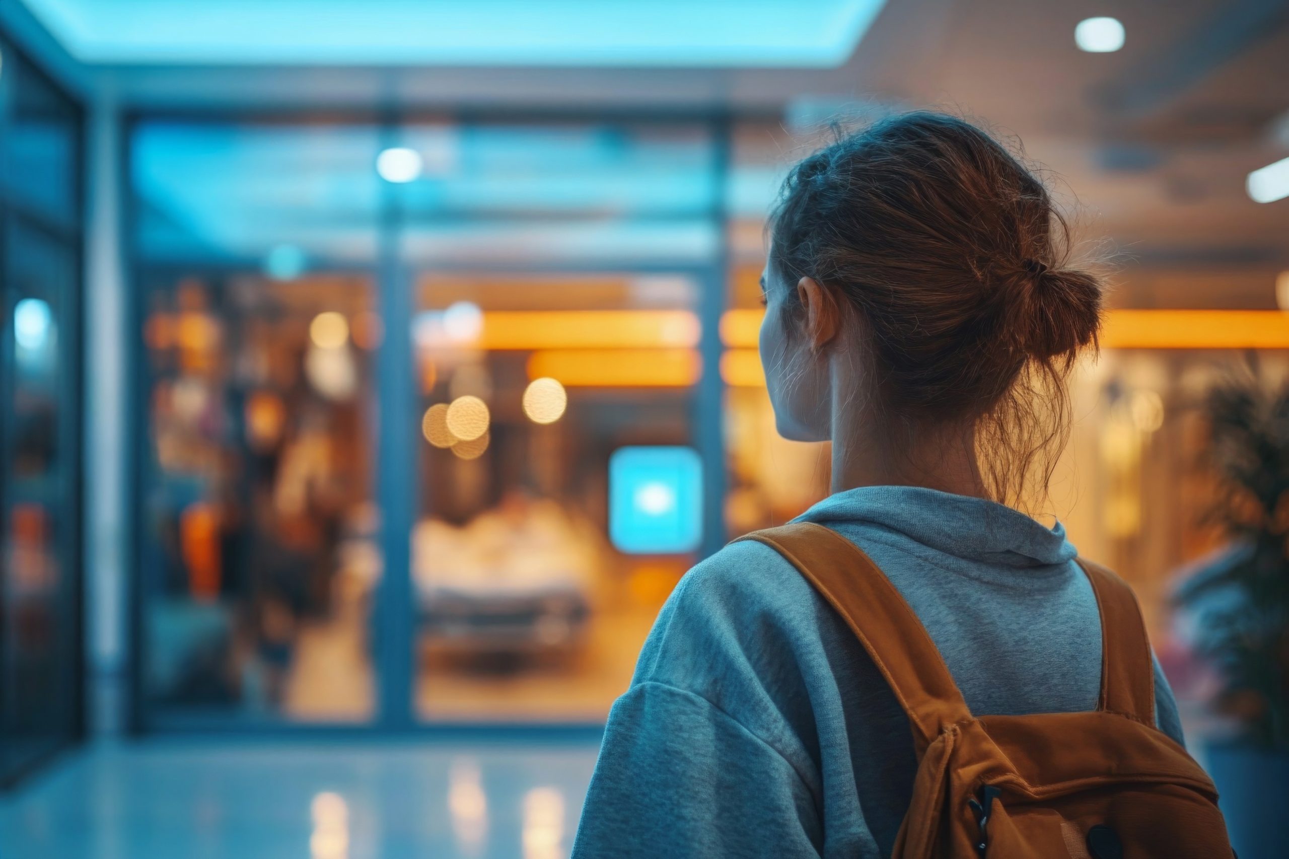 A teen girl looks away into building