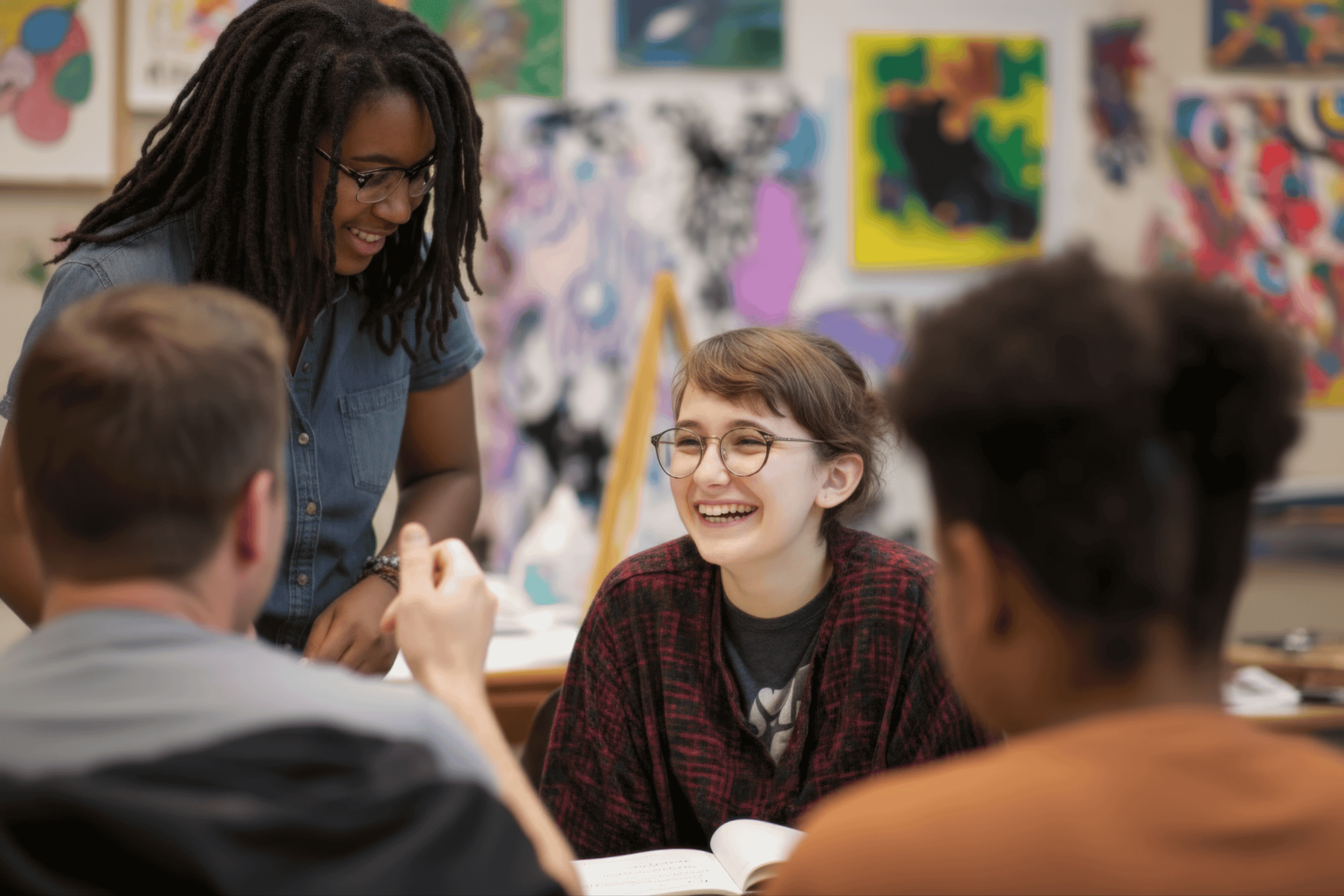 Smiling teen girl with other students in class