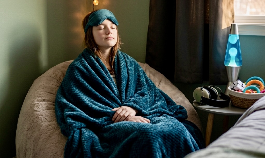 mom and teen son smiling neurodivergent teen girl in sensory space