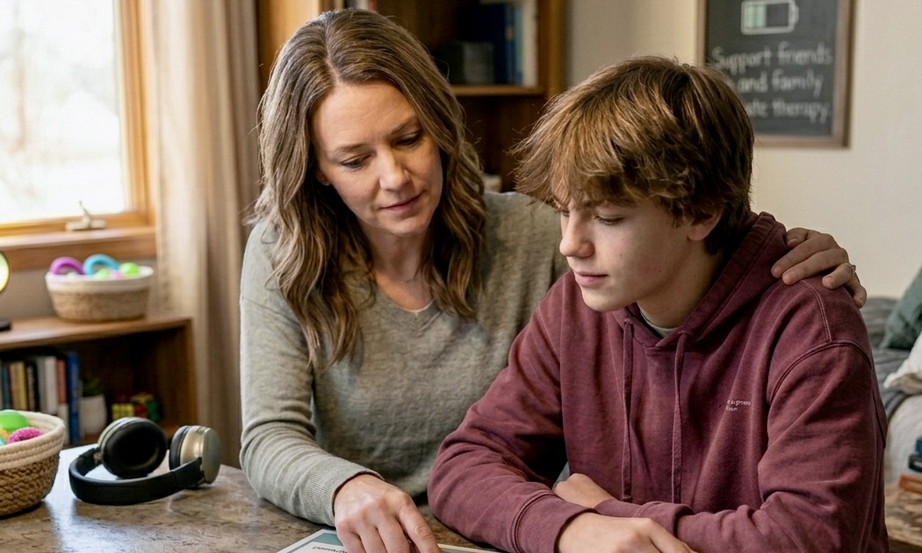 Teen boy and mom at a table