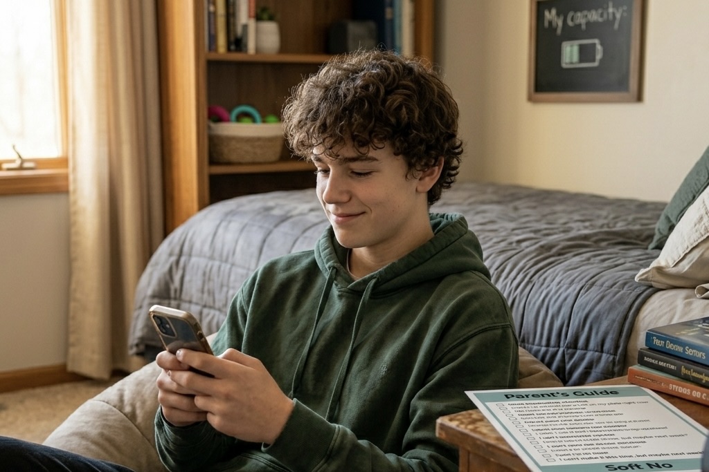 Teen boy saying setting boundaries with friends on his phone