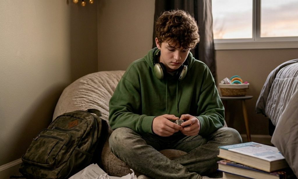 Teen boy stressed after school at home