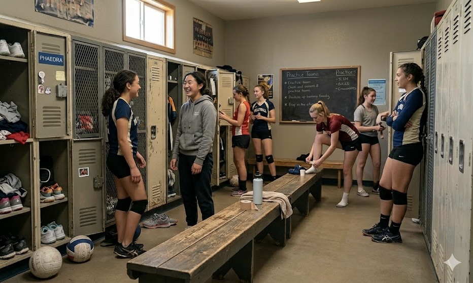 Teen girl sports team in locker room