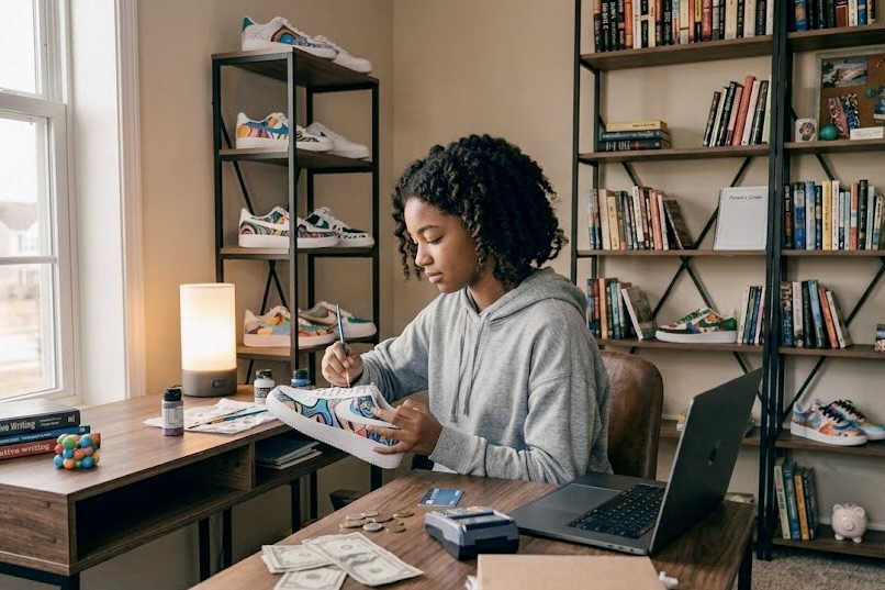 Teen girl painting shoes as a side hustle