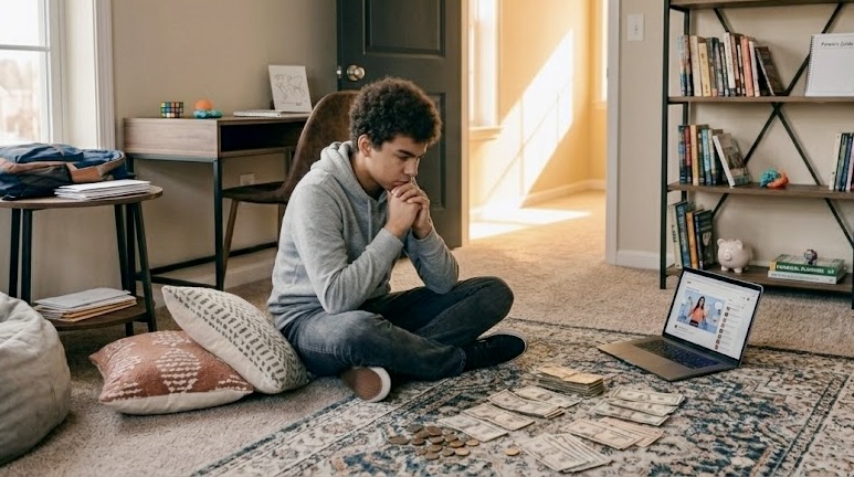 Teen boy on floor looking at a pile of money