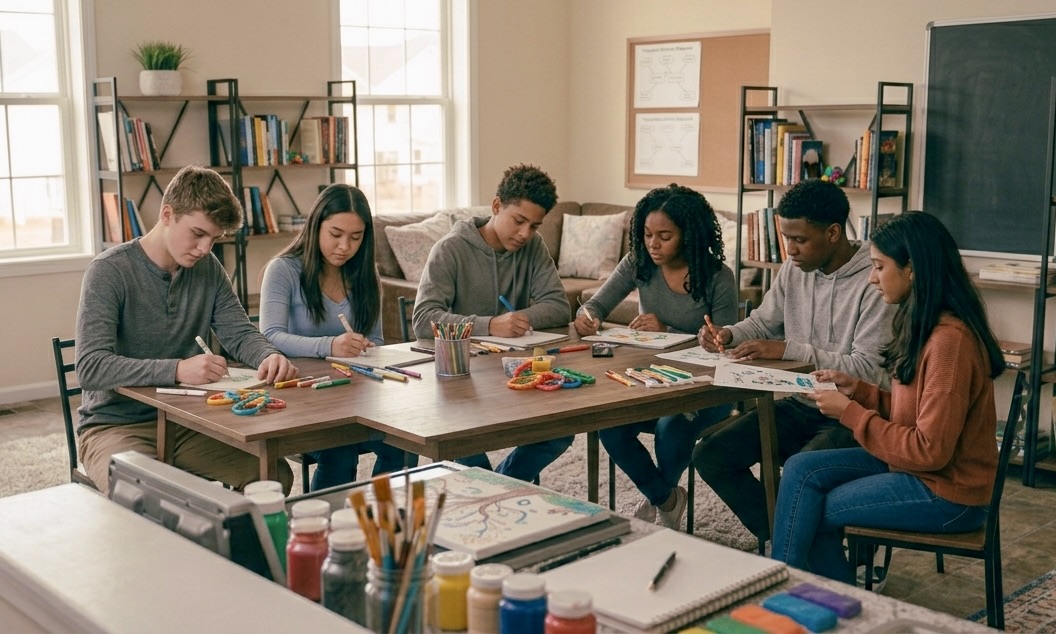 Group of teens doing art at a table