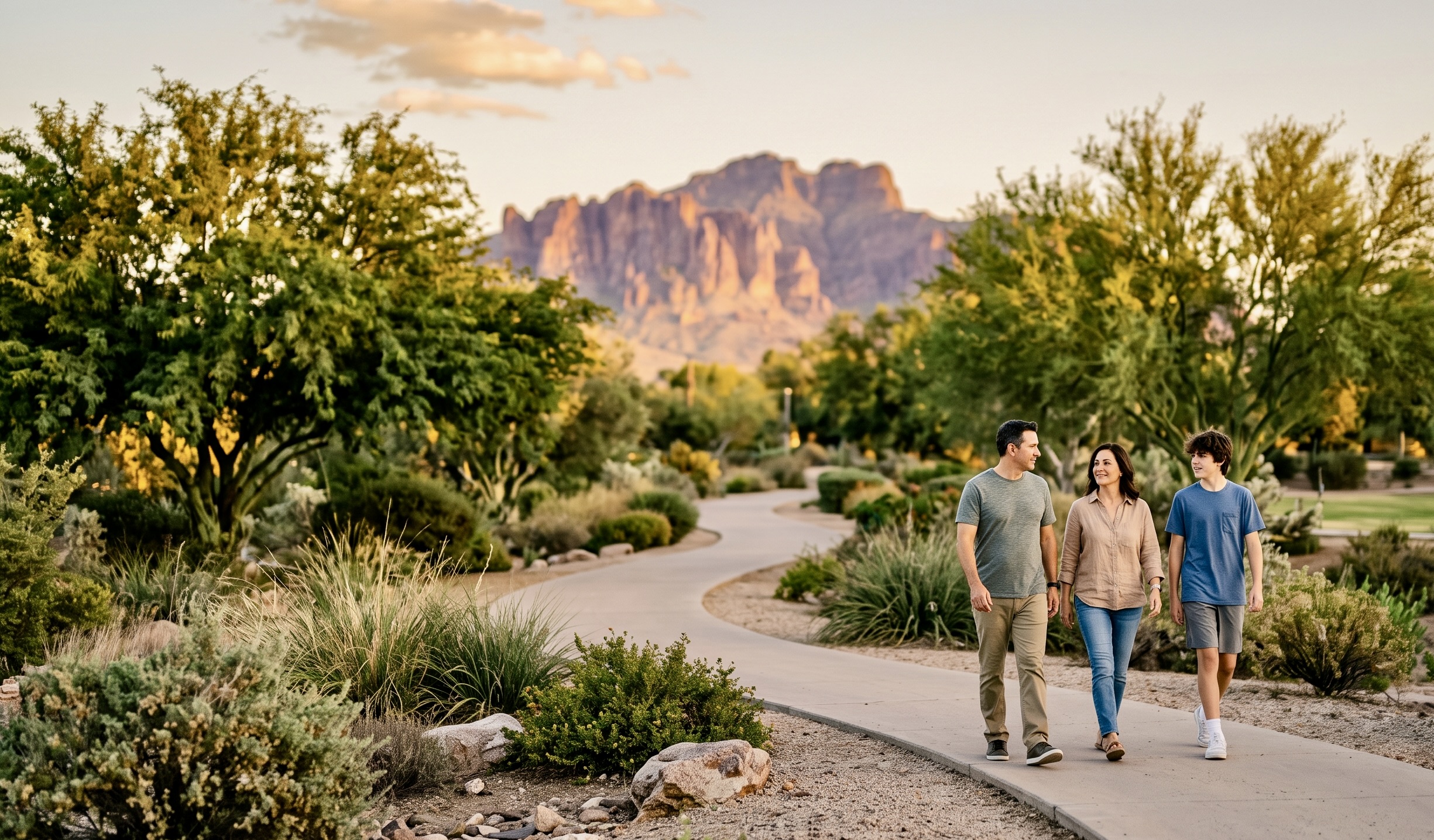 Teen boy and parents take a walk in Arizona