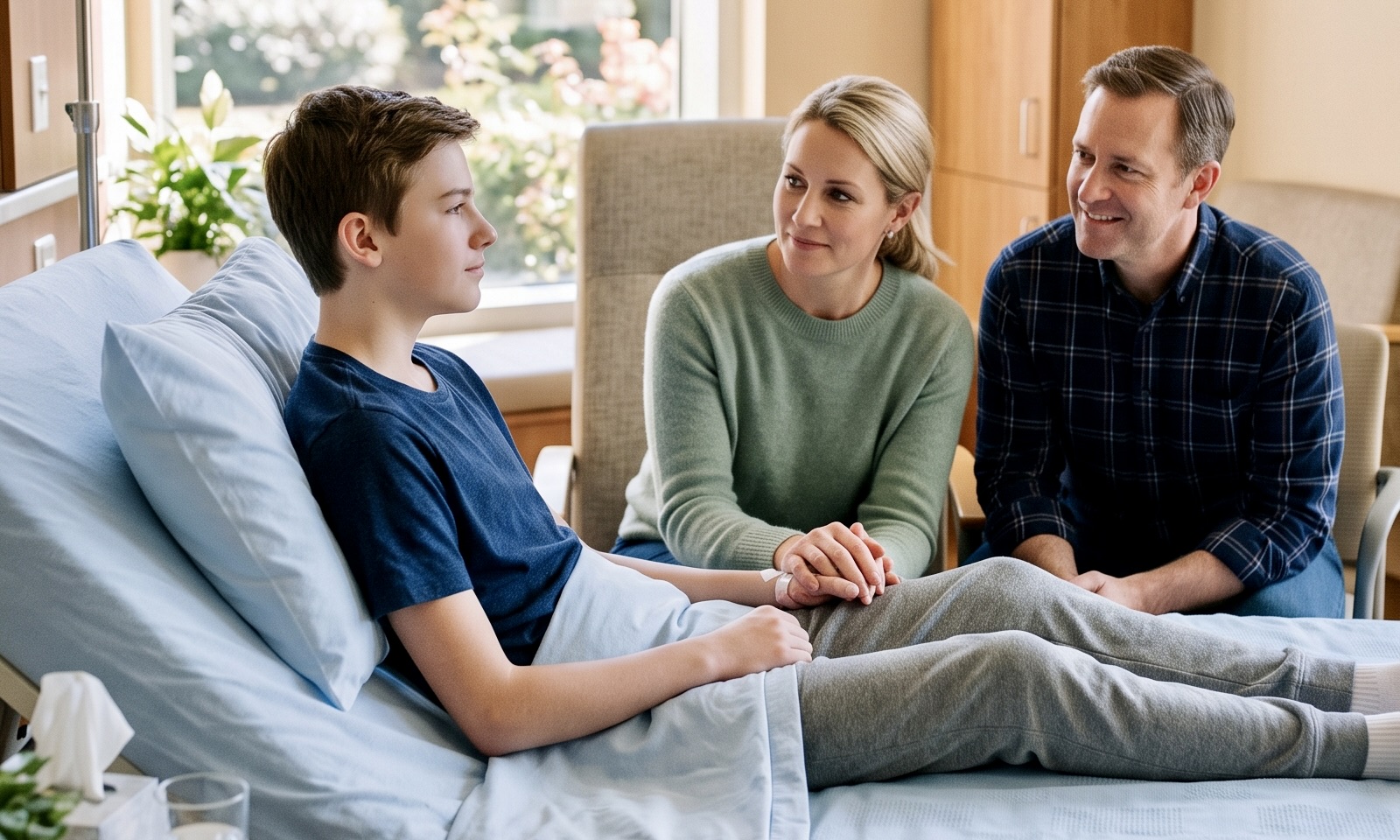 Teen boy in hospital bed with parents