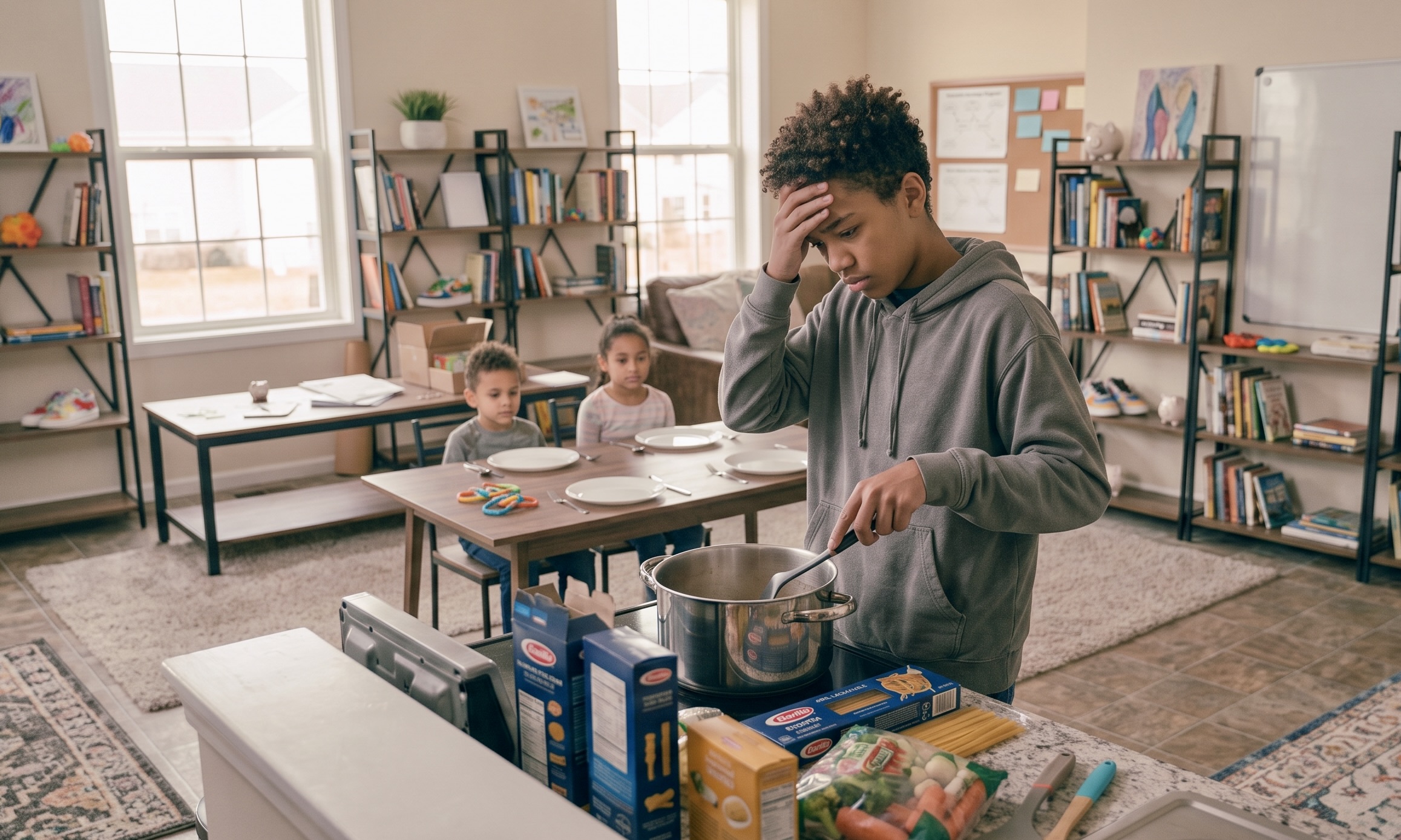 Teen boy makes dinner for two younger siblings